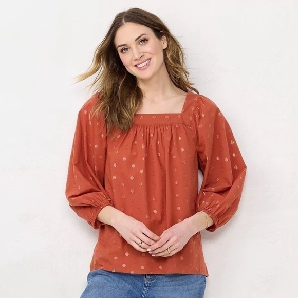 LC Lauren Conrad Tops - LC Lauren Conrad Square Neck Peasant Puff Sleeve Blouse Copper Metallic 1X